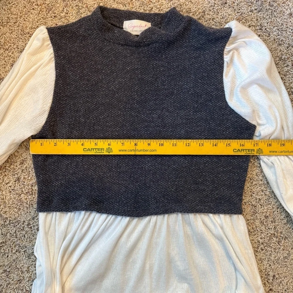 Women’s Twofer Sweater Shirt Top Puff Long Sleeve White Gray Babydoll Knit Small
